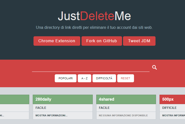 JustDeleteMe Cancellare Servizi Web