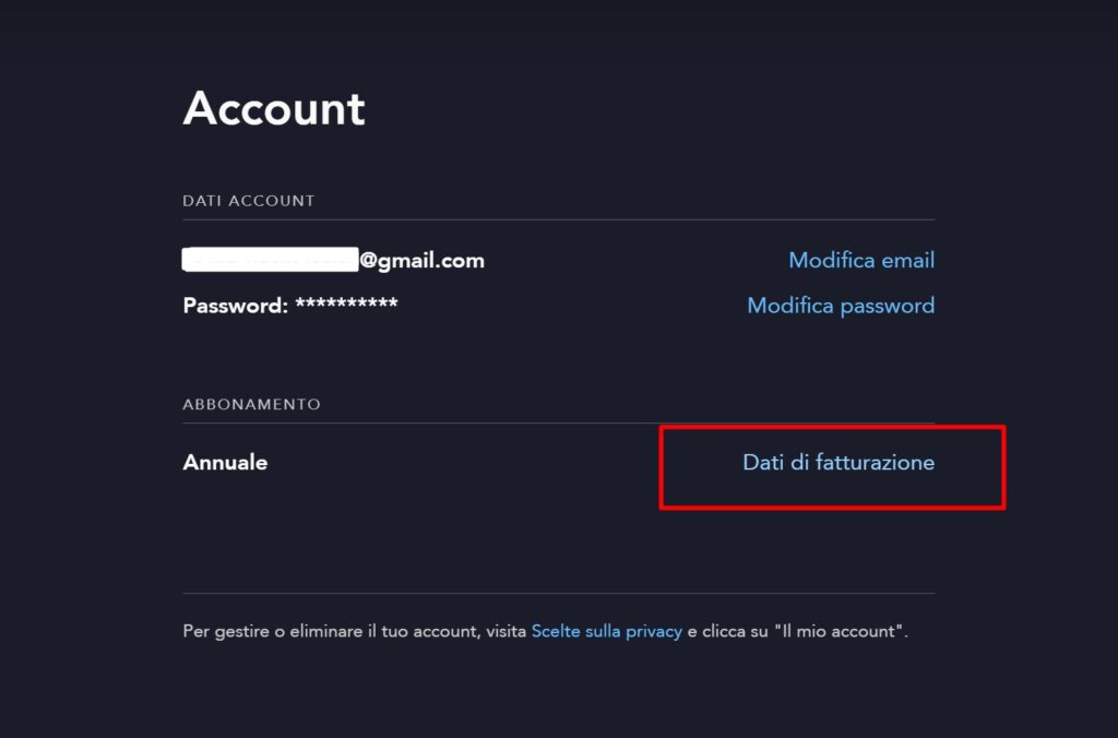 Mettere in pausa account Disney+ Dati Fatturazione