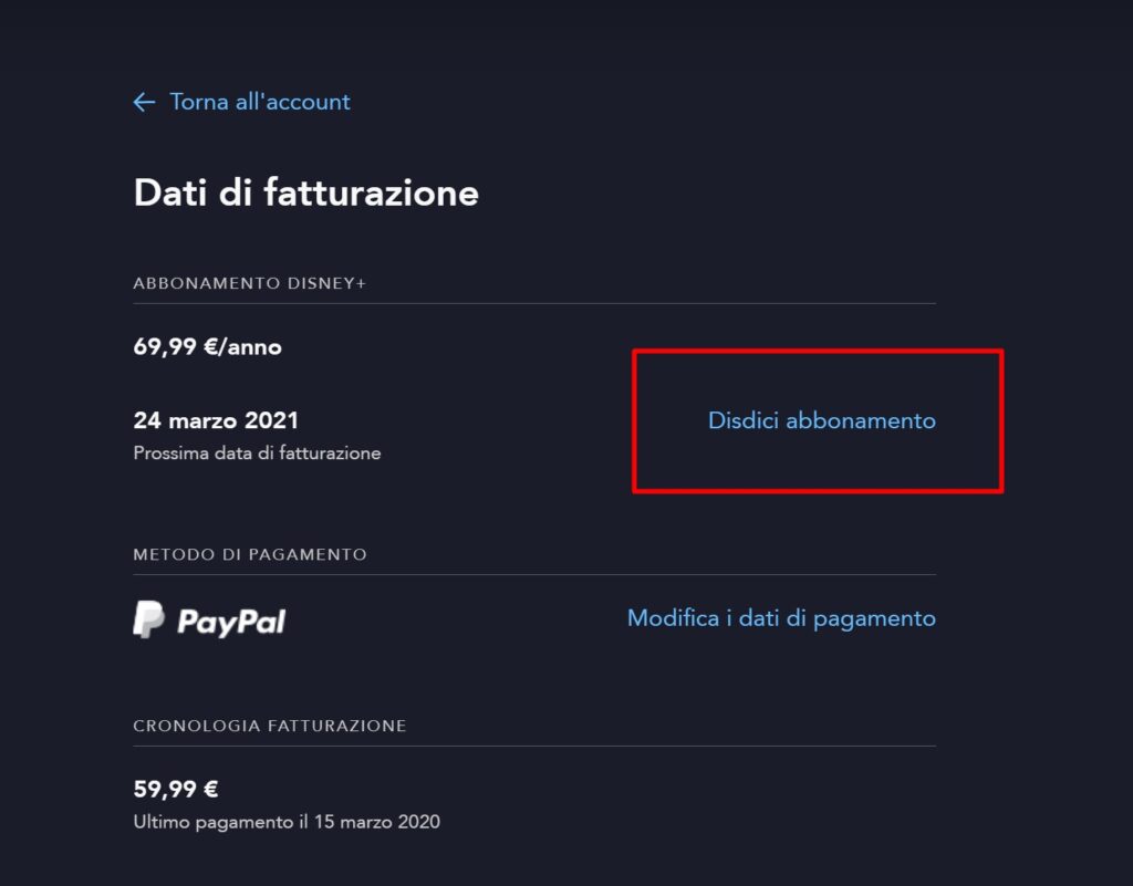 Mettere in pausa account Disney+ Disdetta