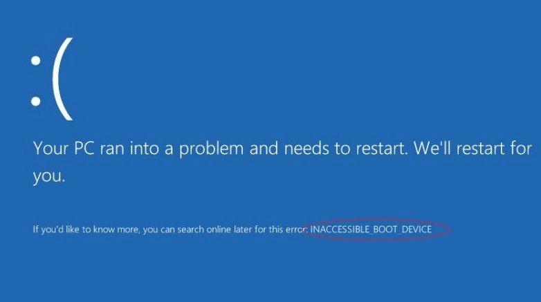 INACCESSIBLE BOOT DEVICE Error Windows 10