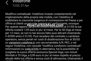 SMS Aumento Vodafone maggio 2021