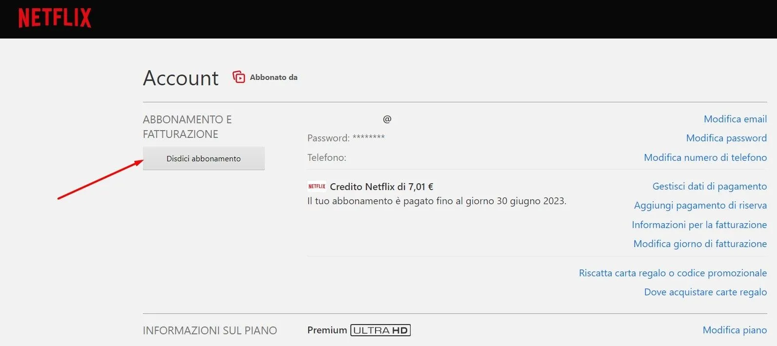Cancellare Account Netflix Pulsante