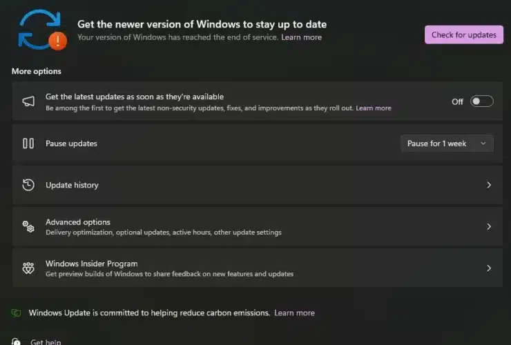 La tua versione di Windows ha raggiunto la fine del servizio Windows 11