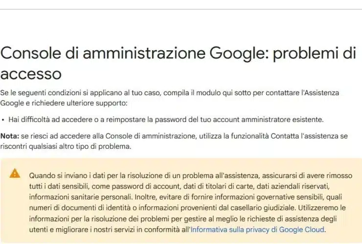 Console di amministrazione Google per problemi di accesso