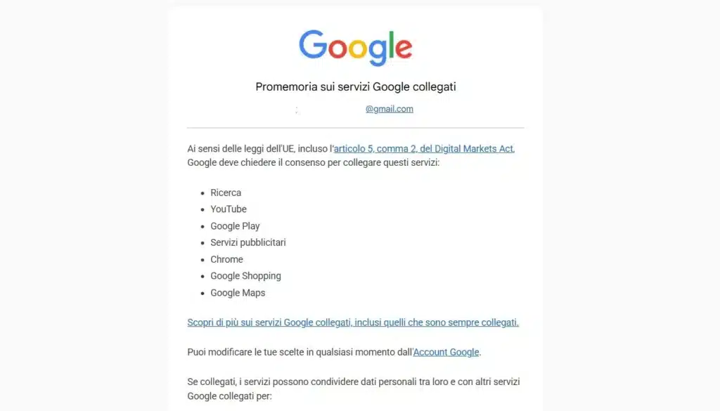 Promemoria sui servizi Google collegati