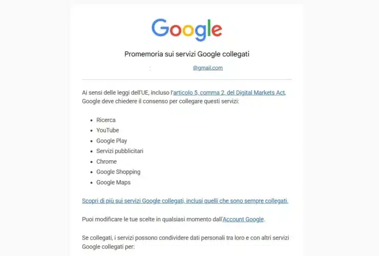 Promemoria sui servizi Google collegati
