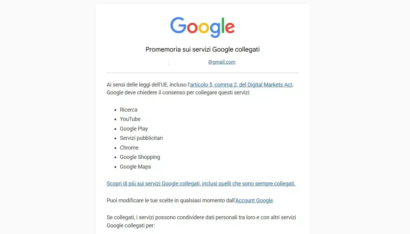 Promemoria sui servizi Google collegati